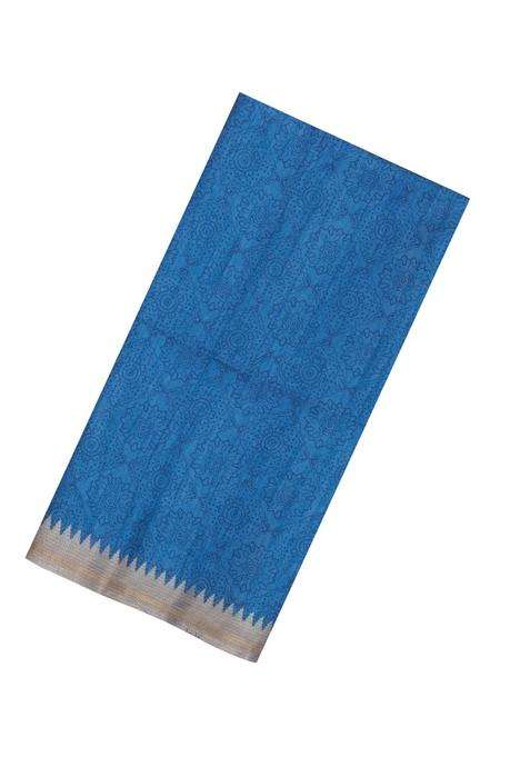 Blue Printed Synthetic Tussar Silk Saree With Contrast Temple Border For Women