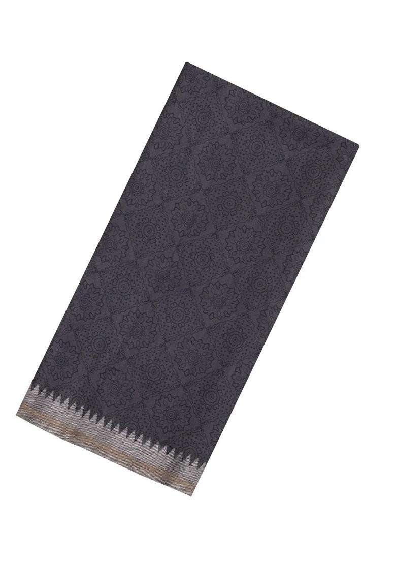 Dark Grey Printed Synthetic Tussar Silk Saree With Contrast Temple Border For Women - Indya