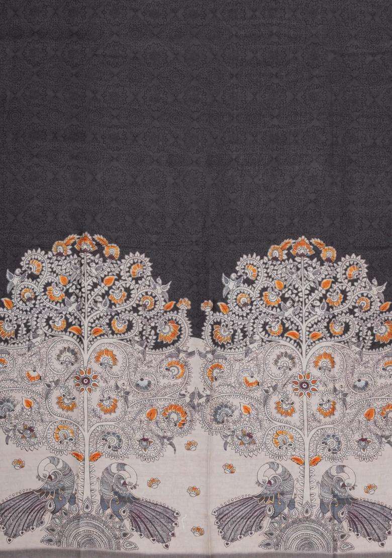 Dark Grey Printed Synthetic Tussar Silk Saree With Contrast Temple Border For Women - Indya
