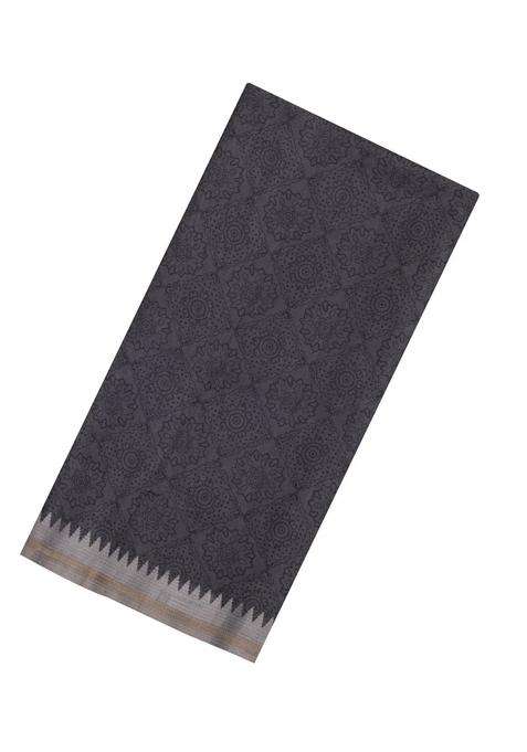 Dark Grey Printed Synthetic Tussar Silk Saree With Contrast Temple Border For Women