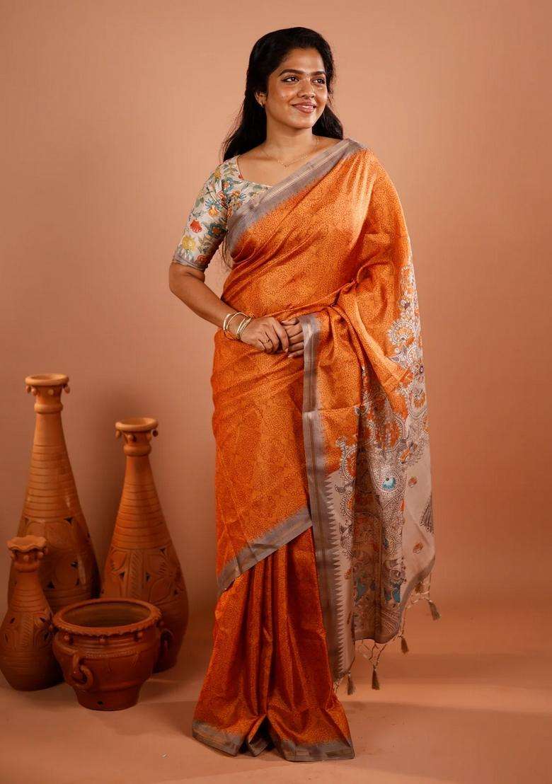 Orange Printed Synthetic Tussar Silk Saree With Contrast Temple Border For Women - Indya