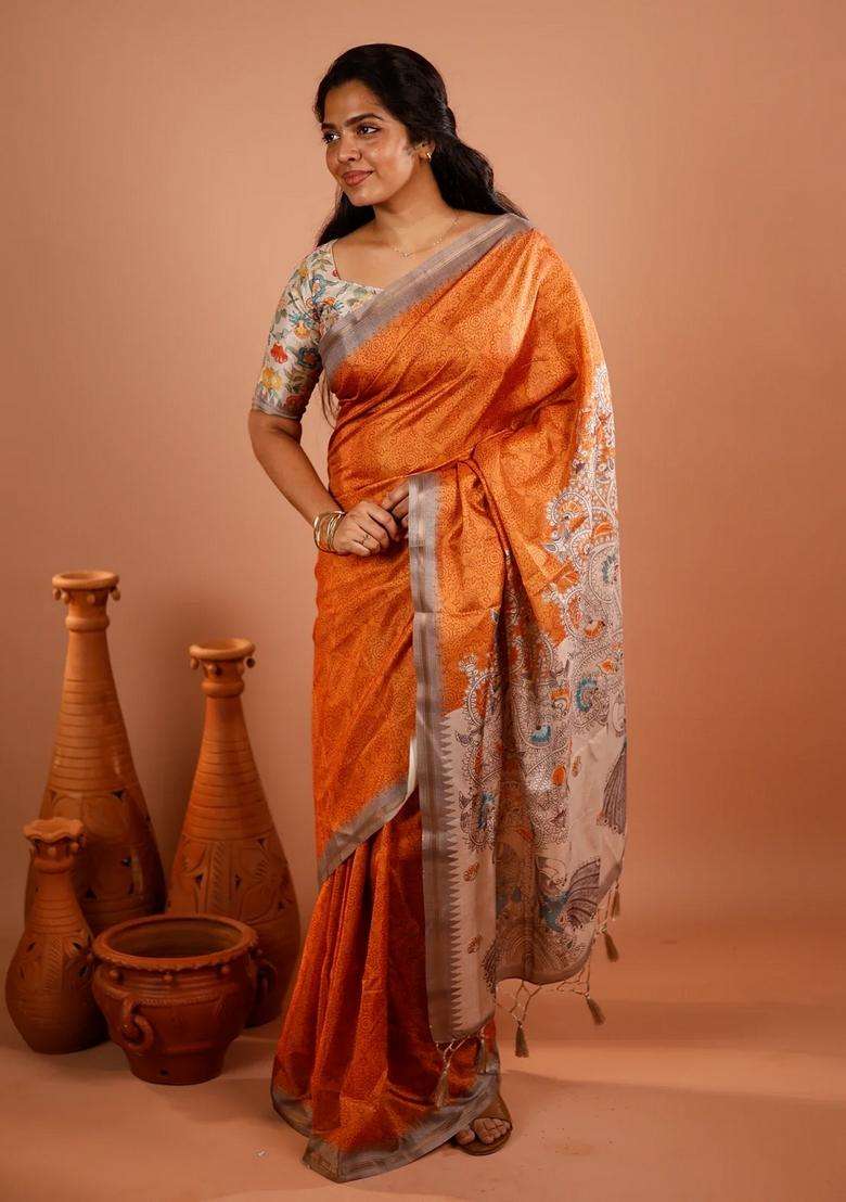 Orange Printed Synthetic Tussar Silk Saree With Contrast Temple Border For Women - Indya