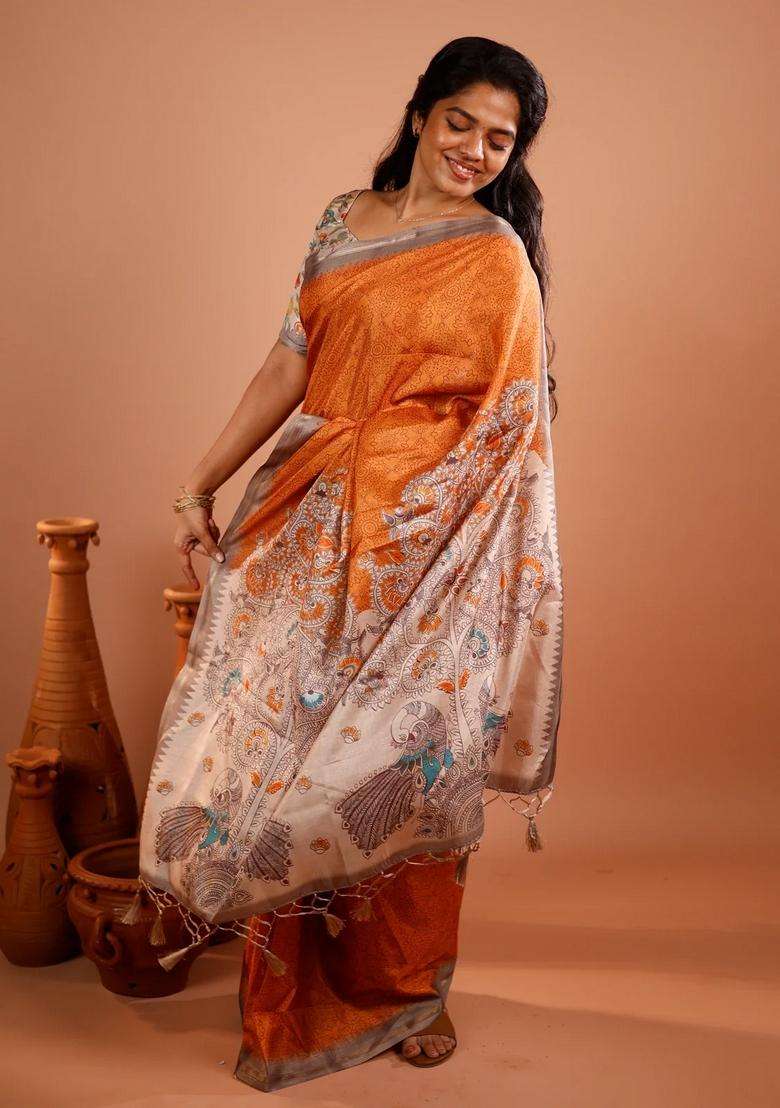 Orange Printed Synthetic Tussar Silk Saree With Contrast Temple Border For Women - Indya
