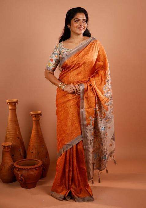 Orange Printed Synthetic Tussar Silk Saree With Contrast Temple Border For Women