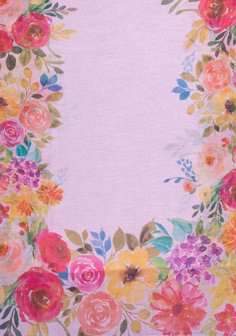 Baby Pink Printed Synthetic Linen Saree With Floral Motifs For Women - Indya