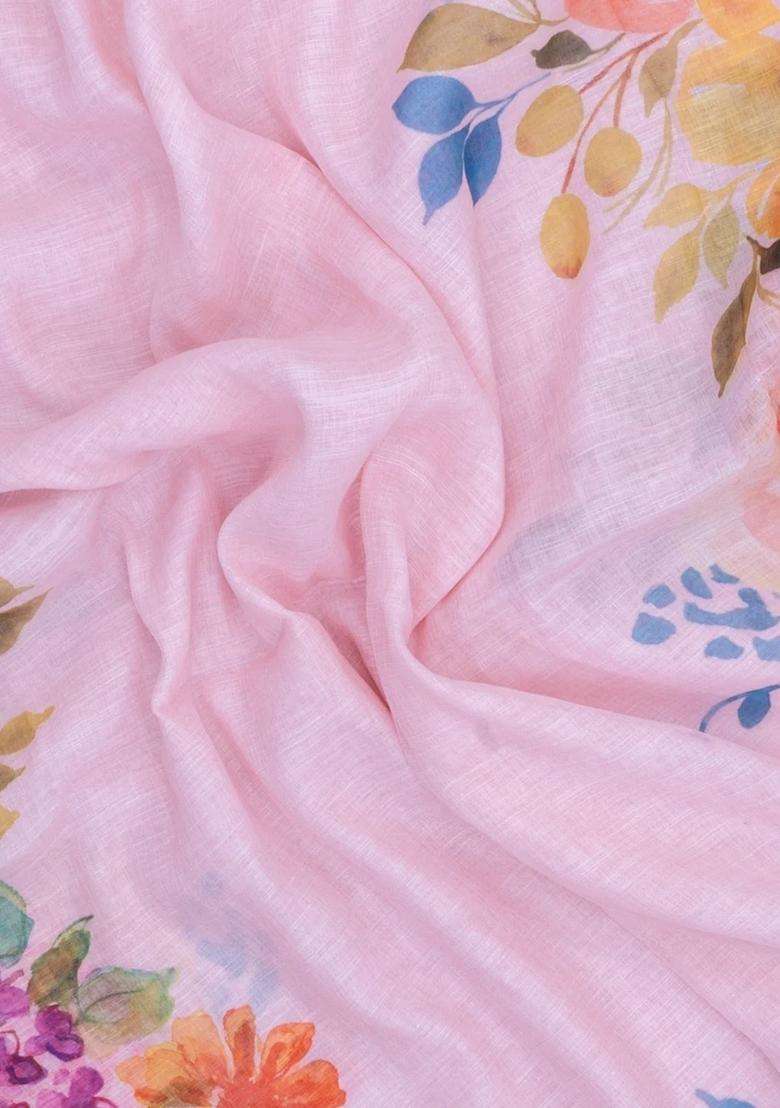 Baby Pink Printed Synthetic Linen Saree With Floral Motifs For Women - Indya