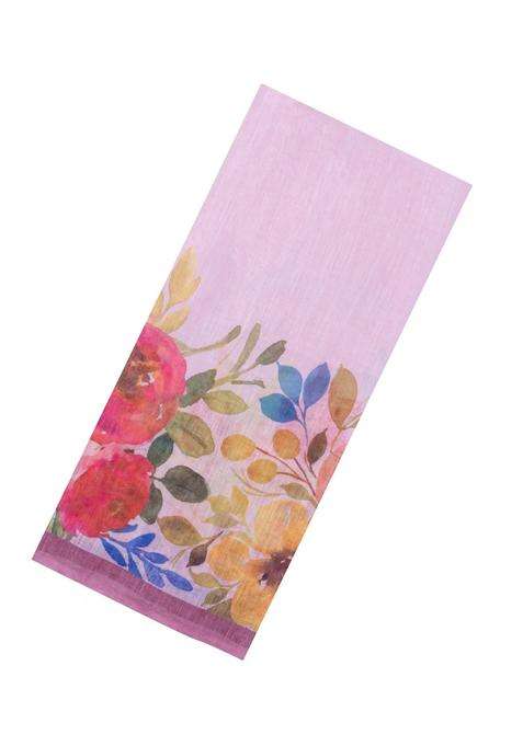 Baby Pink Printed Synthetic Linen Saree With Floral Motifs For Women