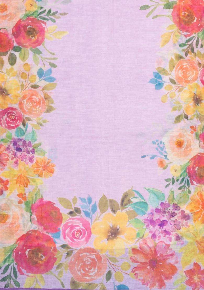 Lavander Lavender Printed Synthetic Linen Saree With Floral Motifs For Women - Indya