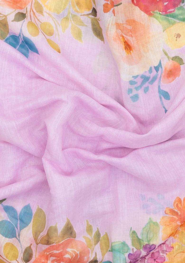 Lavander Lavender Printed Synthetic Linen Saree With Floral Motifs For Women - Indya