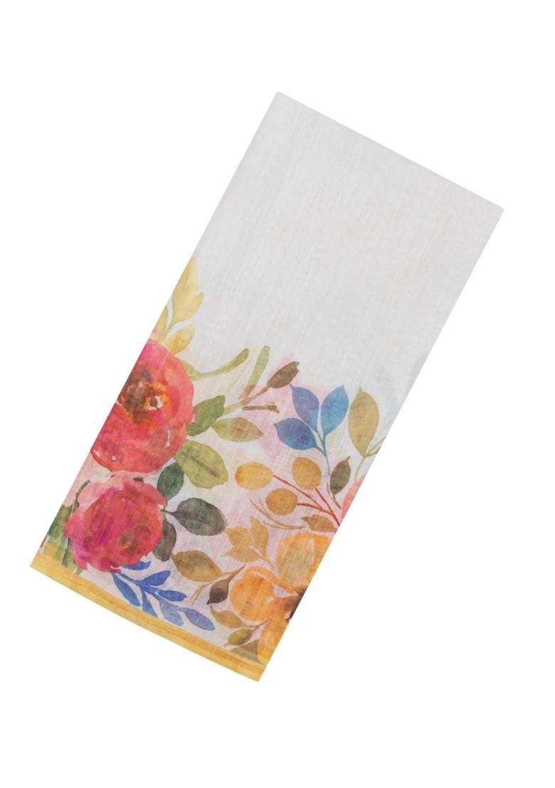 White Printed Synthetic Linen Saree With Floral Motifs For Women - Indya