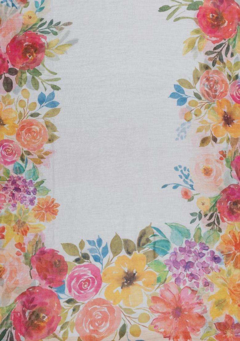 White Printed Synthetic Linen Saree With Floral Motifs For Women - Indya