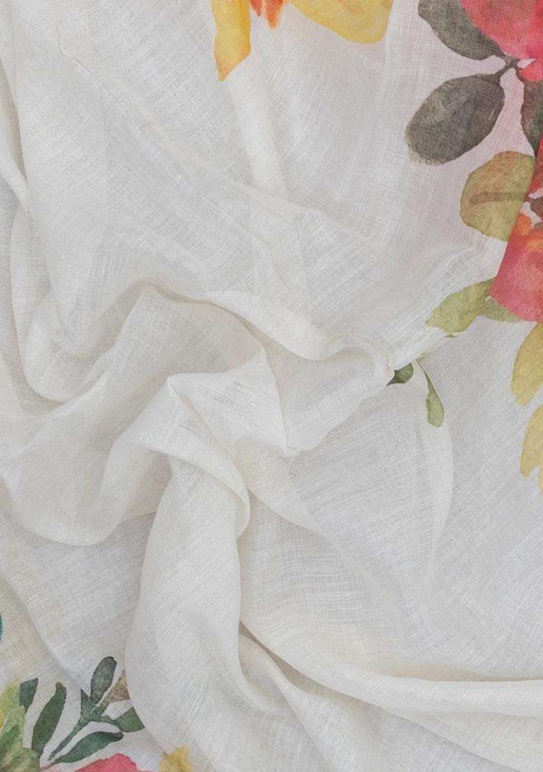 White Printed Synthetic Linen Saree With Floral Motifs For Women - Indya