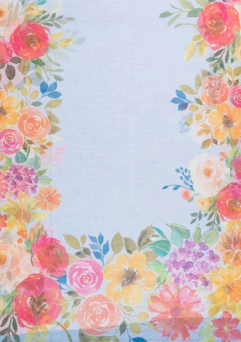 Light Blue Printed Synthetic Linen Saree With Floral Motifs For Women - Indya