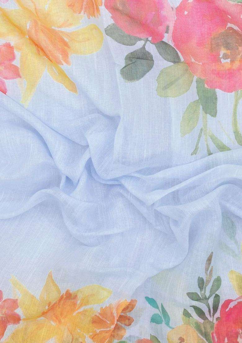 Light Blue Printed Synthetic Linen Saree With Floral Motifs For Women - Indya