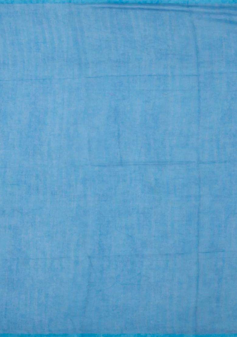 Light Blue Printed Synthetic Linen Saree With Floral Motifs For Women - Indya