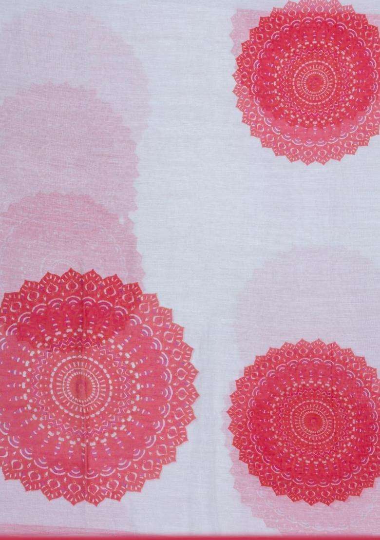 White Printed Synthetic Linen Saree With Floral Motifs For Women - Indya