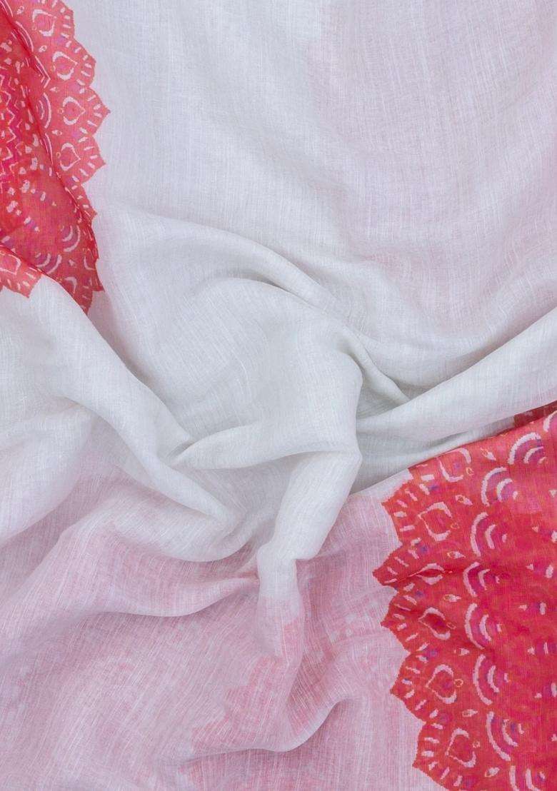 White Printed Synthetic Linen Saree With Floral Motifs For Women - Indya