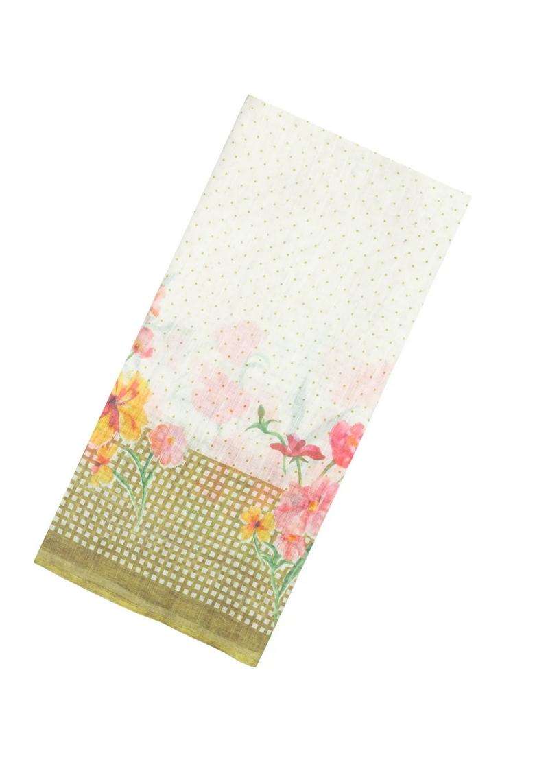 Green Printed Synthetic Linen Saree With Floral Motifs For Women - Indya