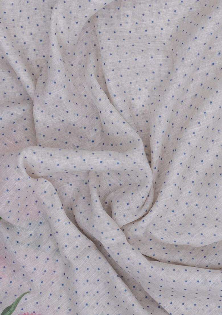 Blue Printed Synthetic Linen Saree With Floral Motifs For Women - Indya