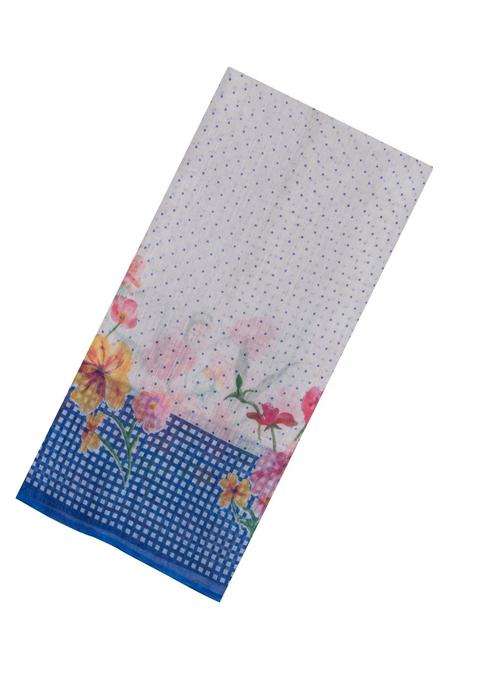 Blue Printed Synthetic Linen Saree With Floral Motifs For Women