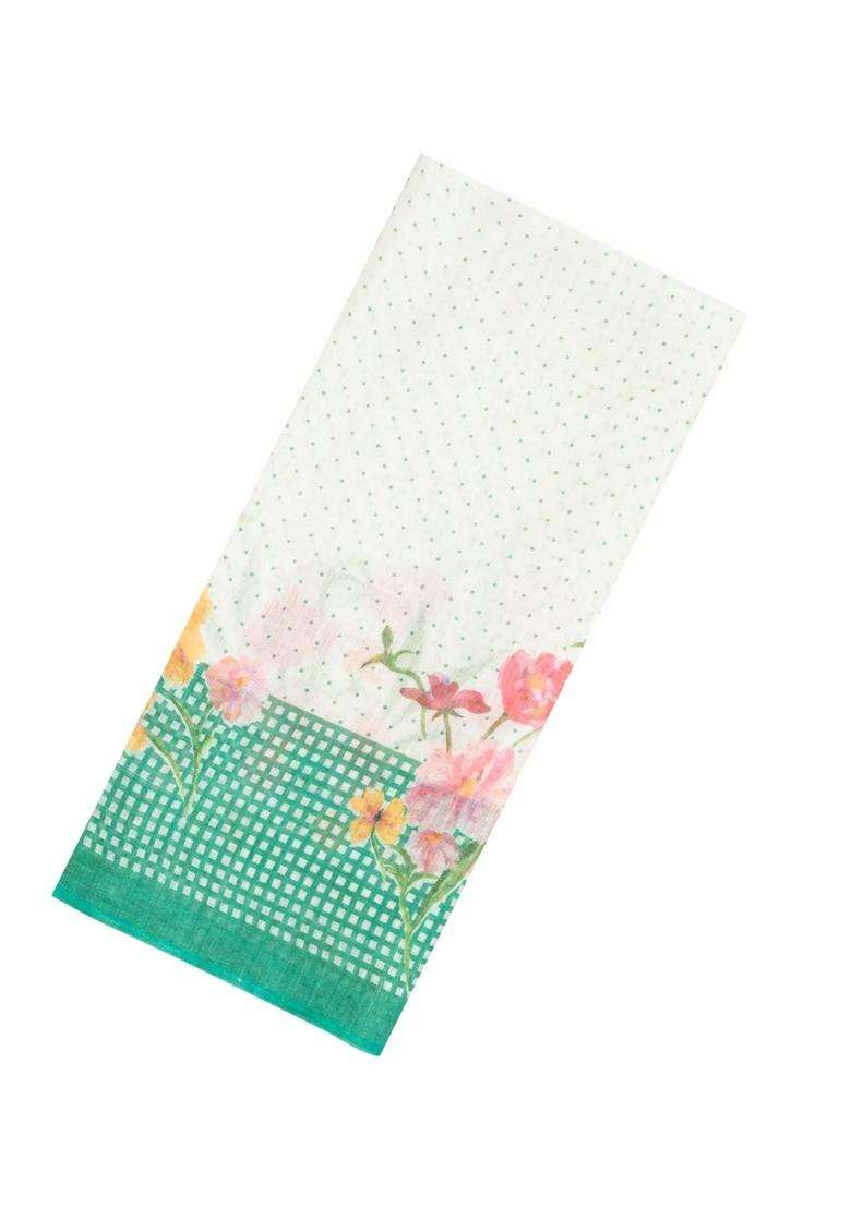 Aquamarine Printed Synthetic Linen Saree With Floral Motifs For Women - Indya