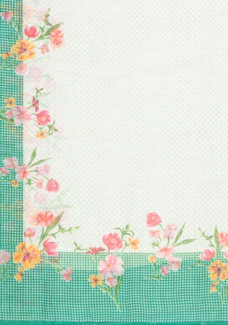 Aquamarine Printed Synthetic Linen Saree With Floral Motifs For Women - Indya