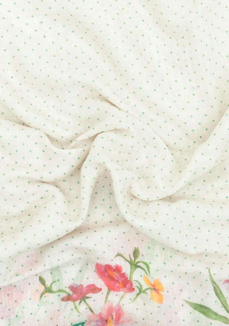 Aquamarine Printed Synthetic Linen Saree With Floral Motifs For Women - Indya