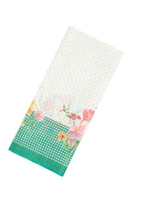 Aquamarine Printed Synthetic Linen Saree With Floral Motifs For Women