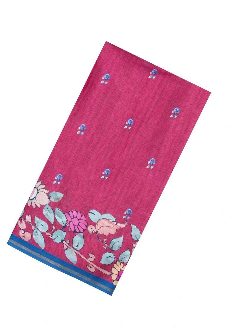 Pink Printed Synthetic Tussar Silk Saree With Contrast Border For Women - Indya