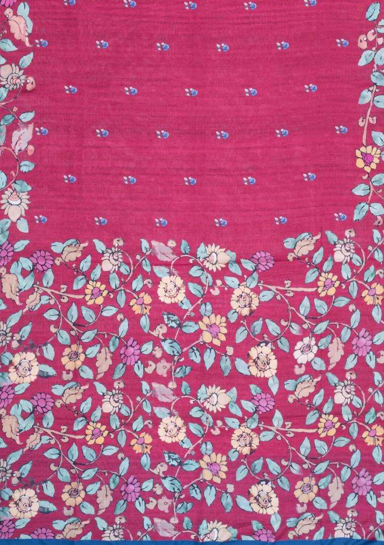 Pink Printed Synthetic Tussar Silk Saree With Contrast Border For Women - Indya