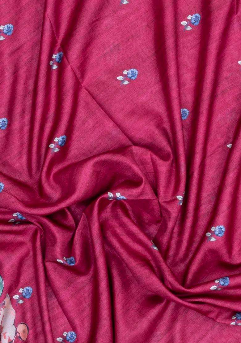 Pink Printed Synthetic Tussar Silk Saree With Contrast Border For Women - Indya