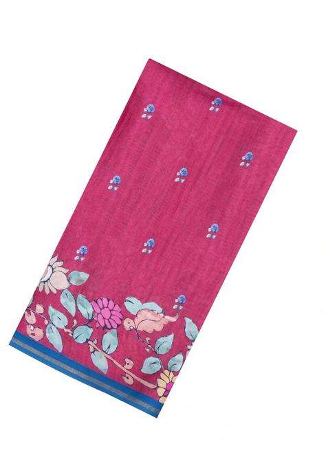 Pink Printed Synthetic Tussar Silk Saree With Contrast Border For Women