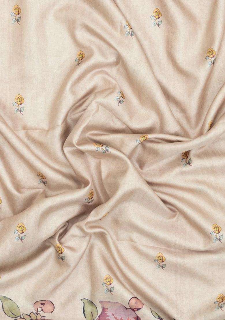 Taupe Printed Synthetic Tussar Silk Saree With Contrast Border For Women - Indya