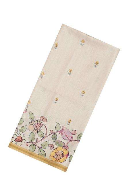 Taupe Printed Synthetic Tussar Silk Saree With Contrast Border For Women