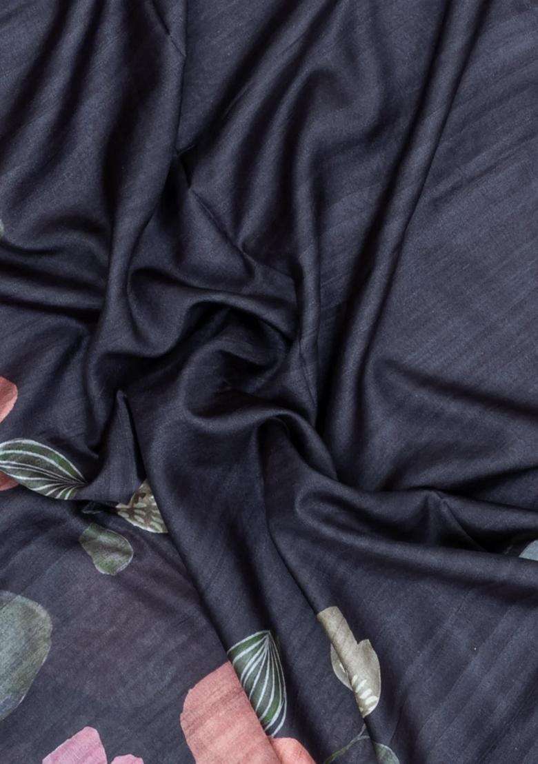 Dark Grey Printed Synthetic Tussar Silk Saree With Contrast Border For Women - Indya
