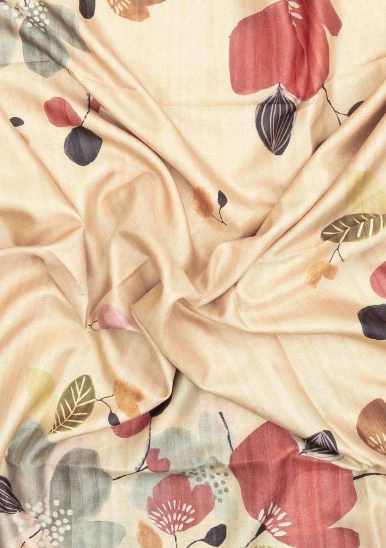 Sandal Printed Synthetic Tussar Silk Saree With Contrast Border For Women - Indya