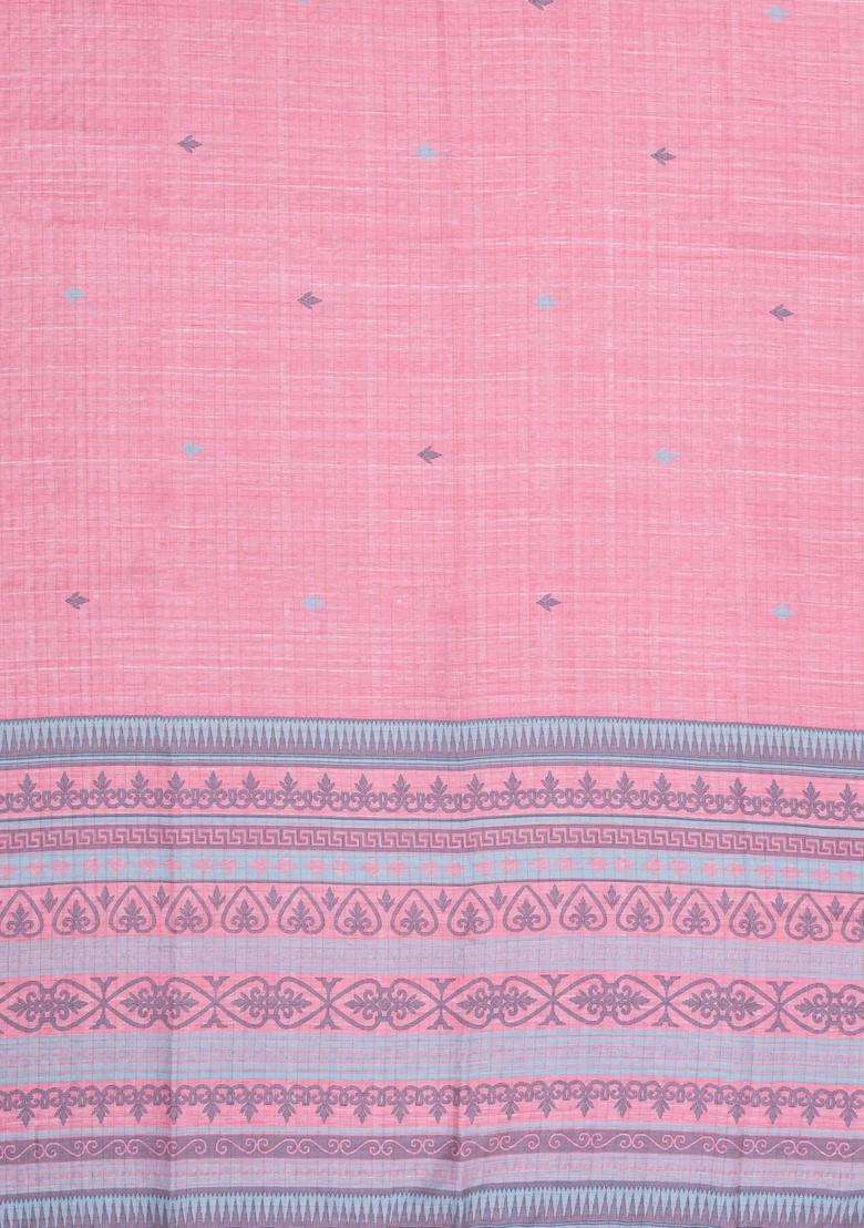 Pink Printed Synthetic Tussar Silk Saree With Contrast Border For Women - Indya