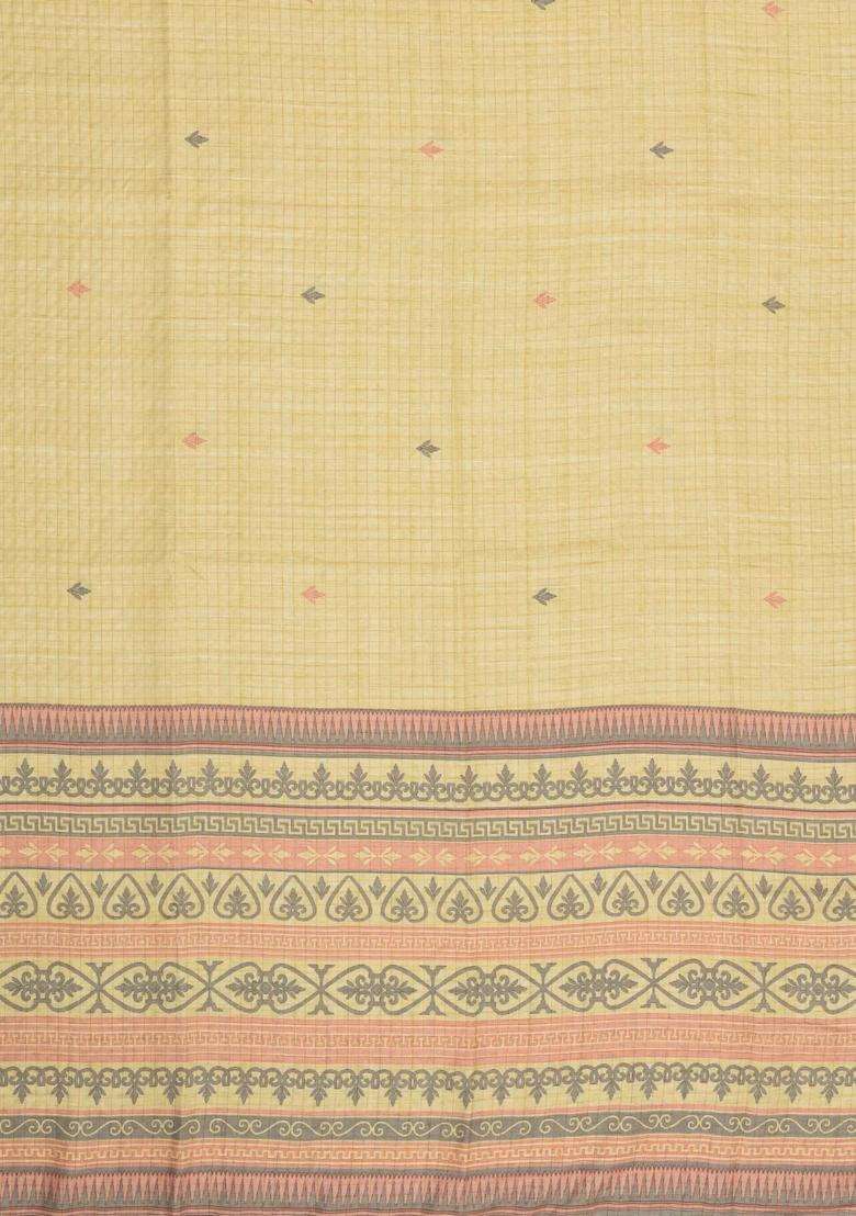 Yellow Printed Synthetic Tussar Silk Saree With Contrast Border For Women - Indya
