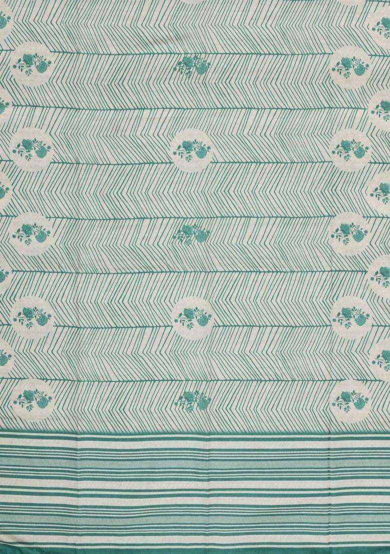 Green Printed Synthetic Tussar Silk Saree With Contrast Border For Women - Indya