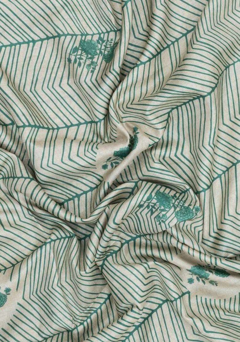 Green Printed Synthetic Tussar Silk Saree With Contrast Border For Women - Indya