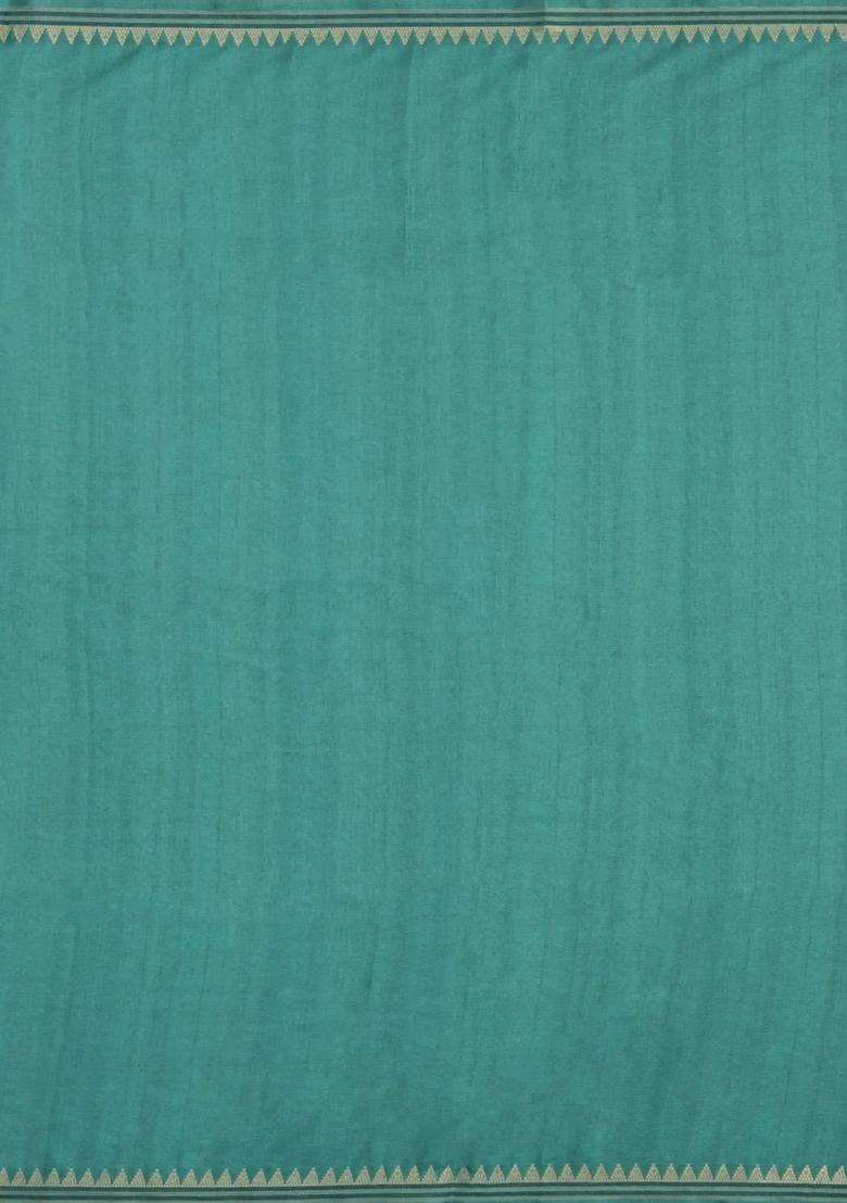 Green Printed Synthetic Tussar Silk Saree With Contrast Border For Women - Indya