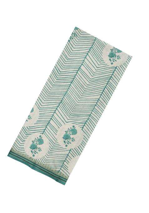Green Printed Synthetic Tussar Silk Saree With Contrast Border For Women