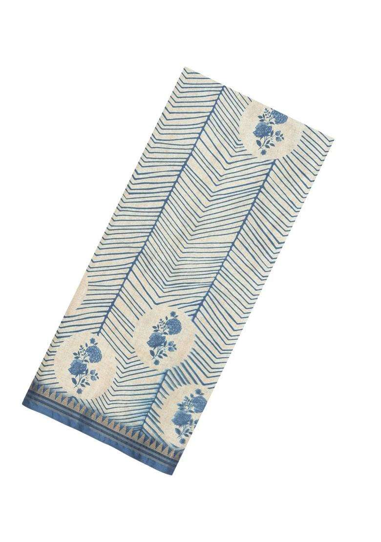 Steel Blue Printed Synthetic Tussar Silk Saree With Contrast Border For Women - Indya