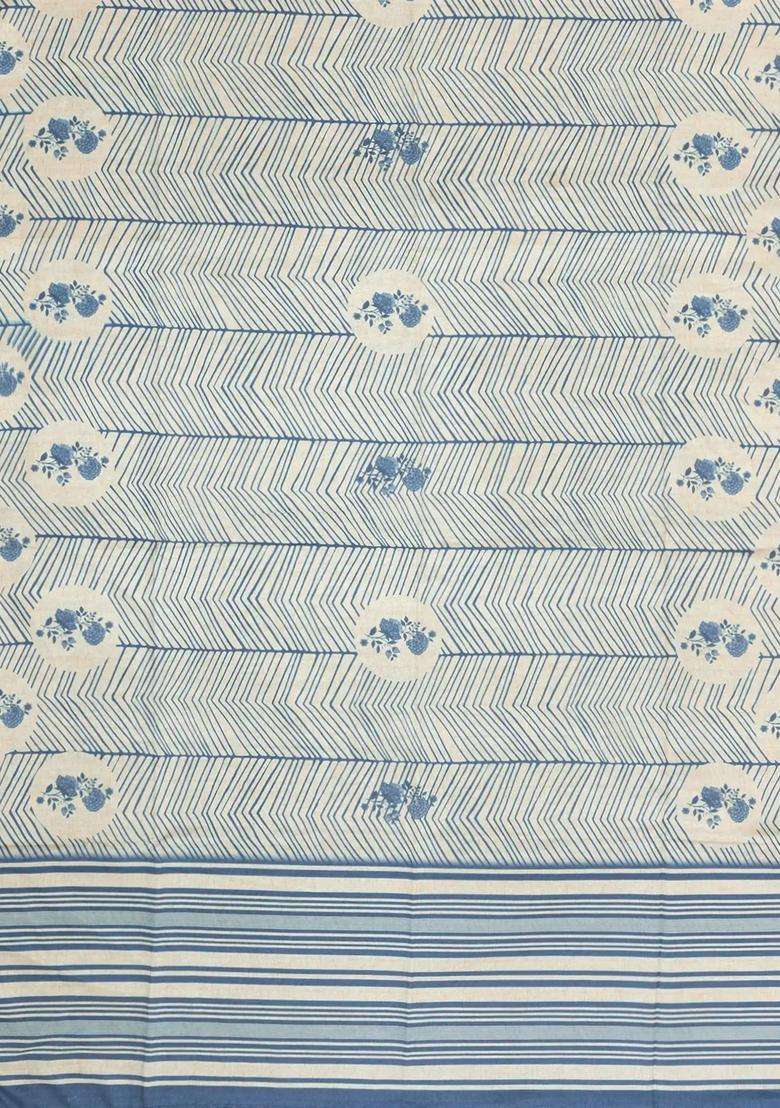 Steel Blue Printed Synthetic Tussar Silk Saree With Contrast Border For Women - Indya