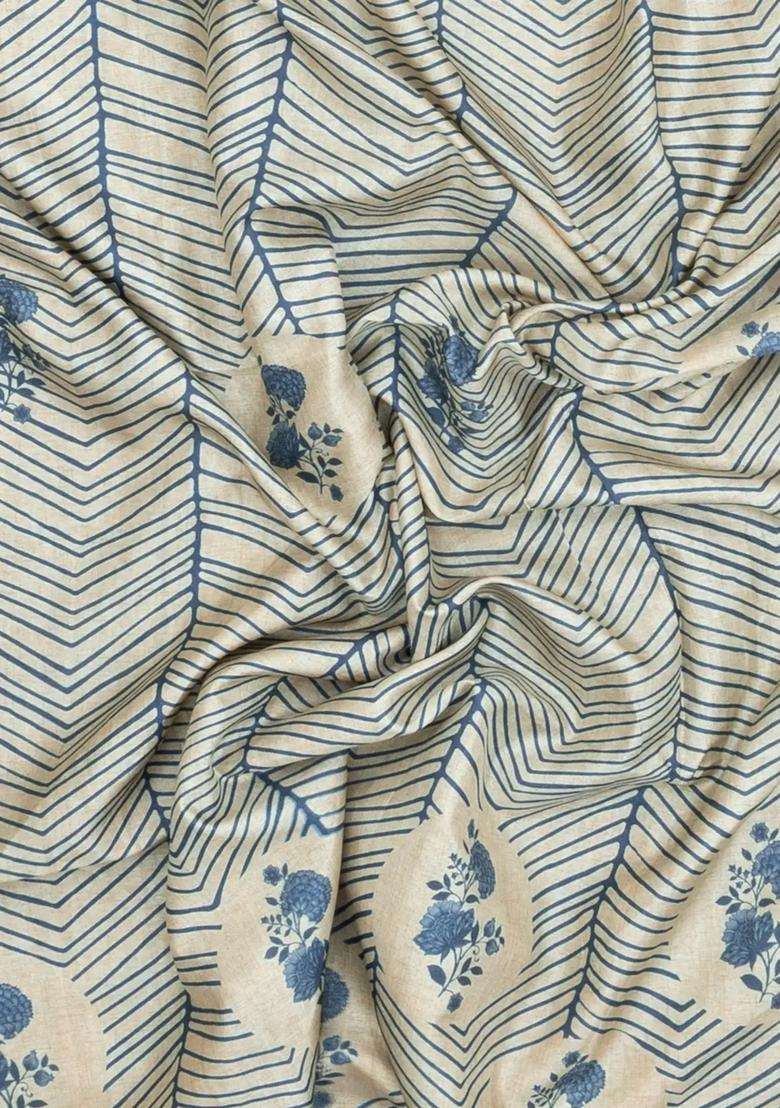 Steel Blue Printed Synthetic Tussar Silk Saree With Contrast Border For Women - Indya