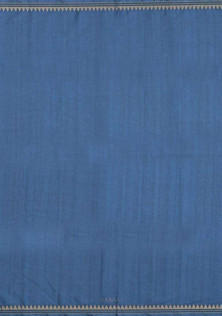 Steel Blue Printed Synthetic Tussar Silk Saree With Contrast Border For Women - Indya