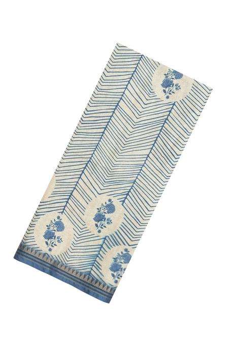 Steel Blue Printed Synthetic Tussar Silk Saree With Contrast Border For Women