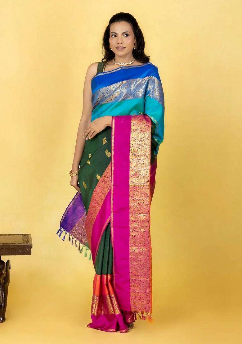 Bottle Green Handloom Korvai Kanchipuram Silk Saree With Ganga Jamuna With Korvai And Temple Border Design For Women - Indya