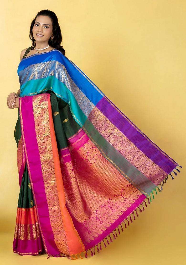 Bottle Green Handloom Korvai Kanchipuram Silk Saree With Ganga Jamuna With Korvai And Temple Border Design For Women - Indya
