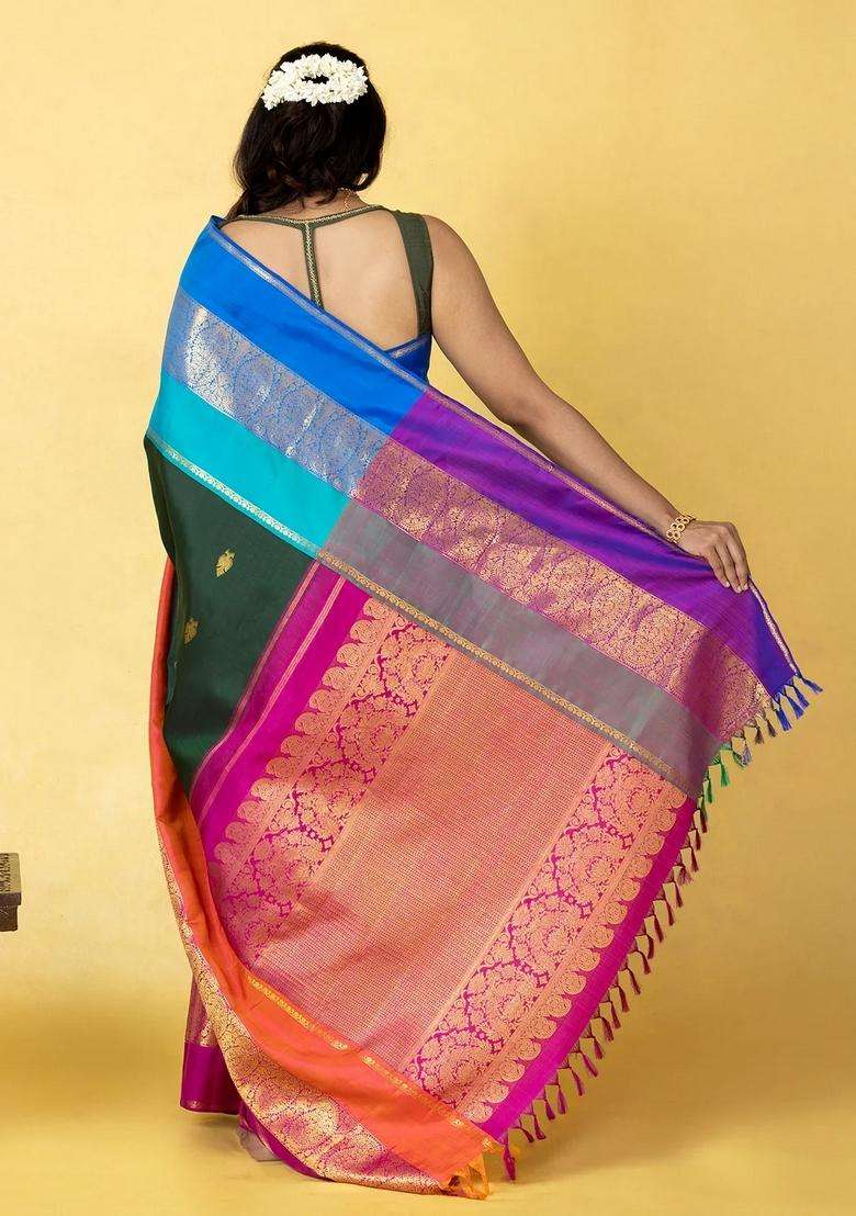 Bottle Green Handloom Korvai Kanchipuram Silk Saree With Ganga Jamuna With Korvai And Temple Border Design For Women - Indya